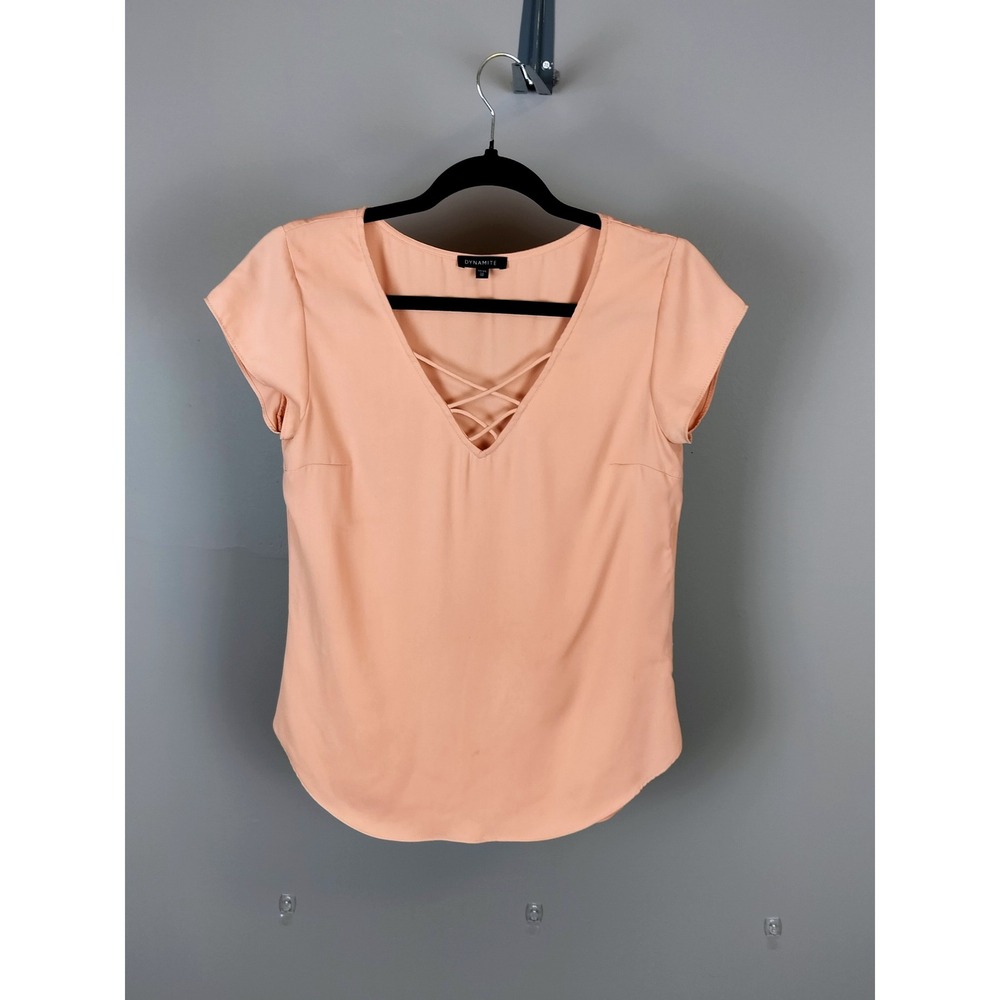Dynamite‎ Polyester Lattice V Neck Blouse Womens XS Peach Cap Sleeve Top